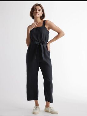 Quince Black Square-Neck Linen Jumpsuit with Tie Waist